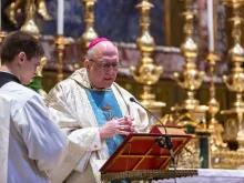 Archbishop Joseph Naumann of Kansas City in Kansas celebrates Mass with members of the U.S. bishops' Region IX at the Basilica of St. Mary Major in Rome on Jan. 14, 2020, during their ad Limina Apostolorum visit.